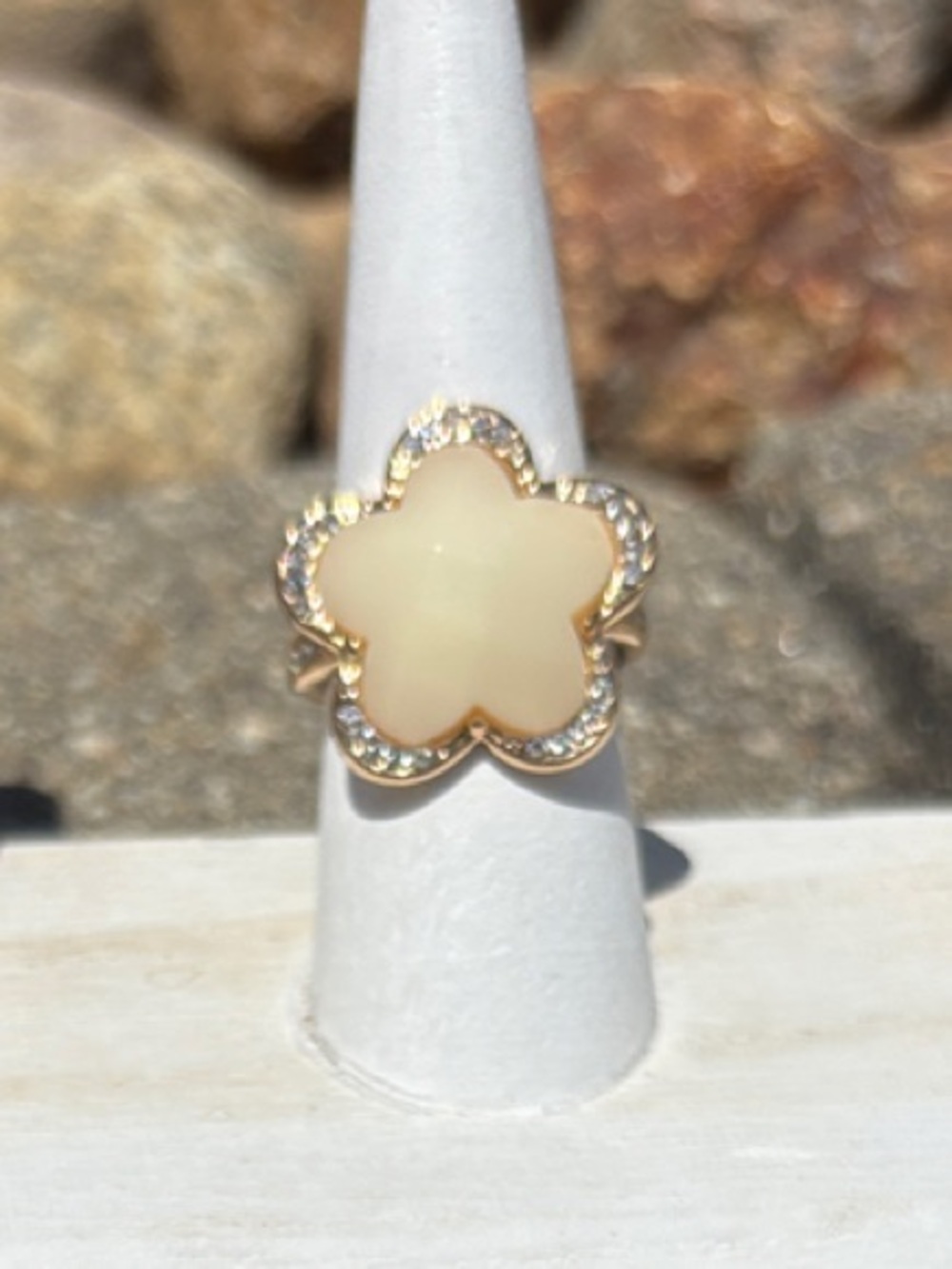 Park Lane “Sandy” Cream Flower Ring with Gold Tone and Clear Crystal Accents